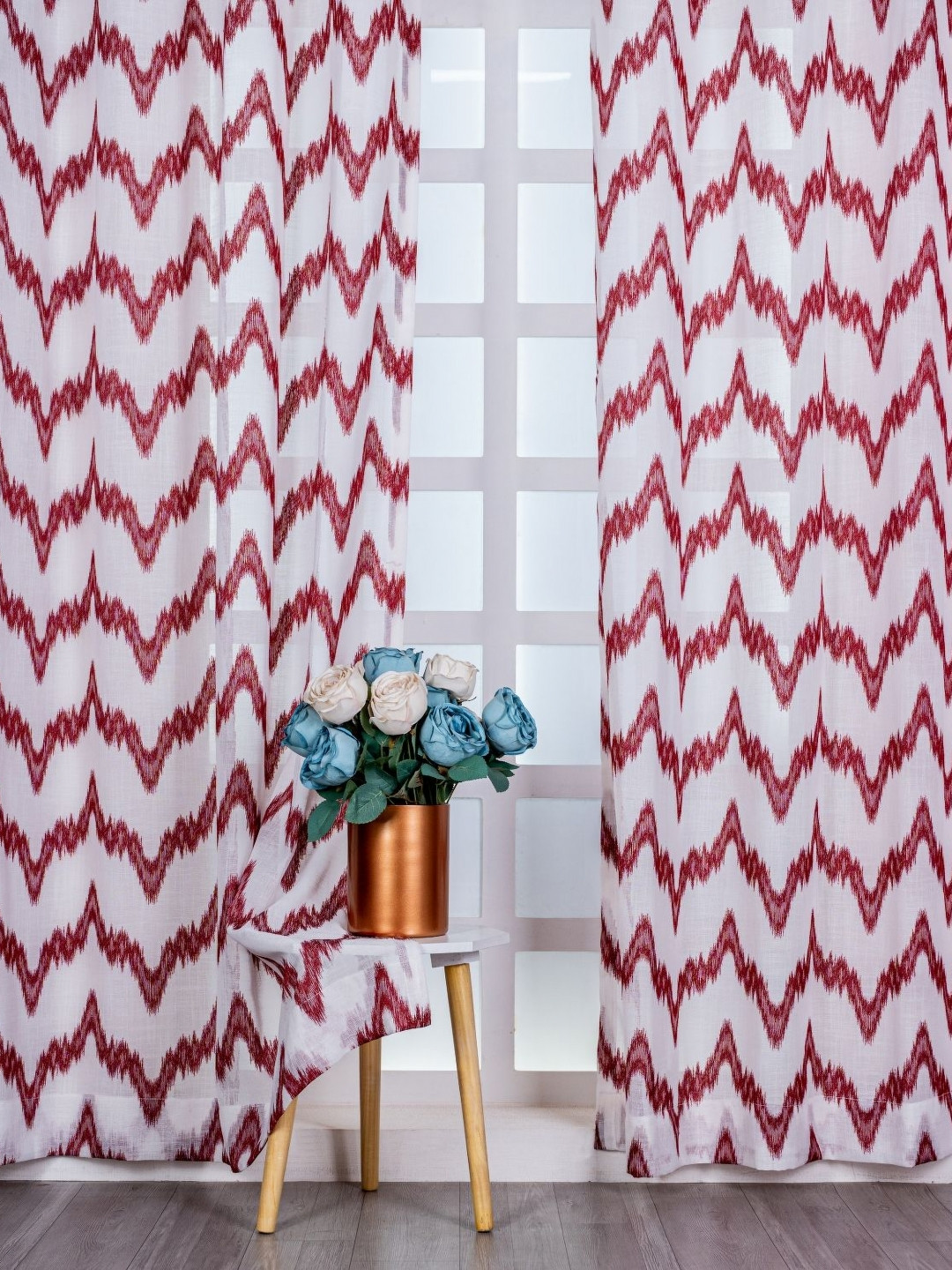 Parda Online White & Red 4 Pieces Chevron Printed Linen Sheer Long Door Curtains