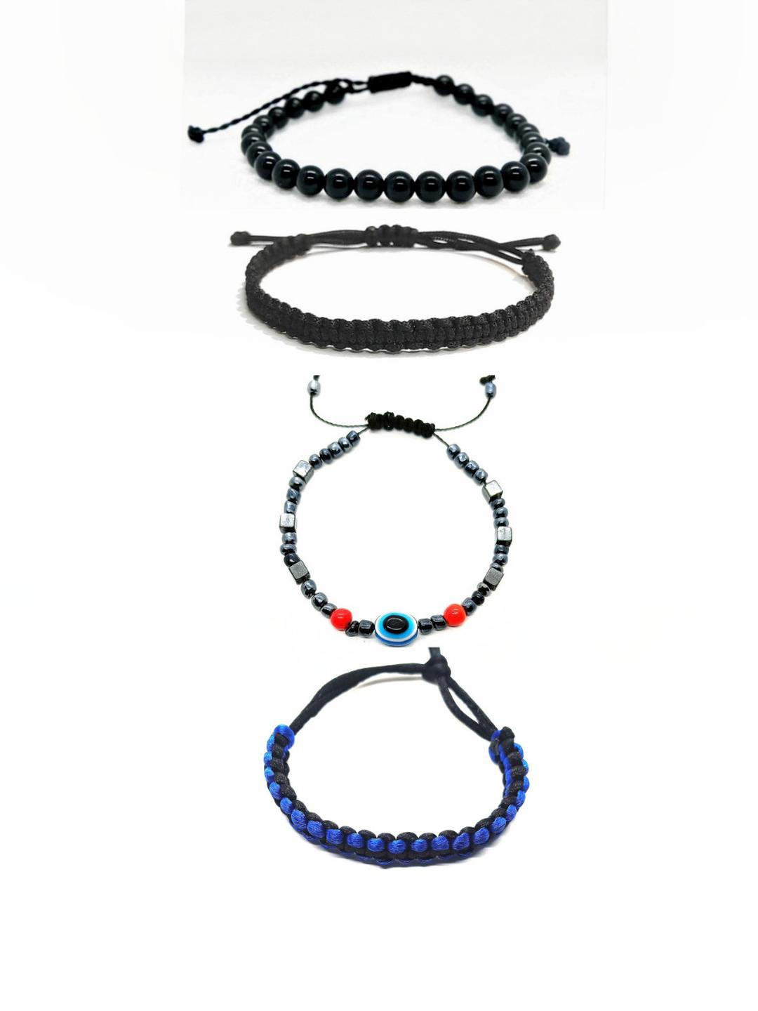 Dynamic Retail Global Women Pack Of 4 Black Blue With Evil Eye Beaded Drawstring Bracelets