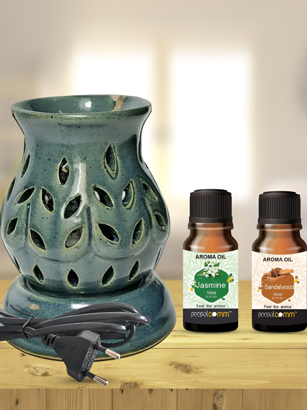 PEEPALCOMM 3Pcs Green Ceramic Electric Diffuser With Jasmine &Sandalwood Oils - 10ml Each