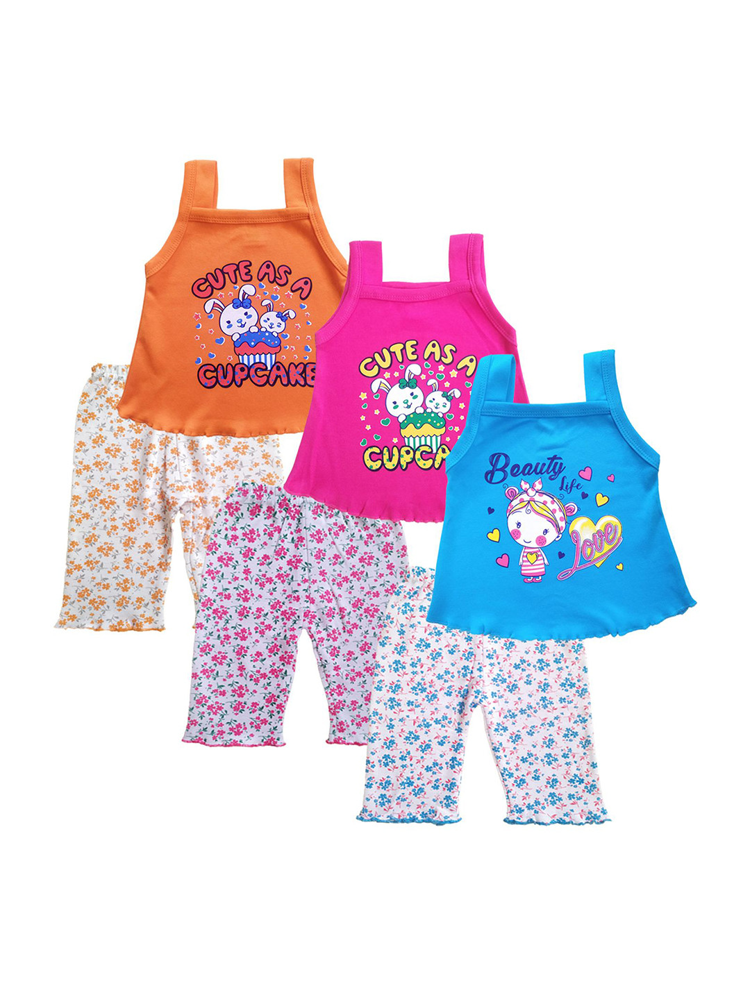 KIDDIEKISSES Girls Pack Of 3 Printed Sleeveless Tops With Trousers