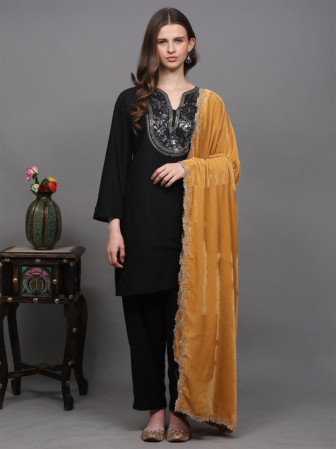 Exotic India Floral Embroidered Velvet Dupatta with Bead Work From Amritsar