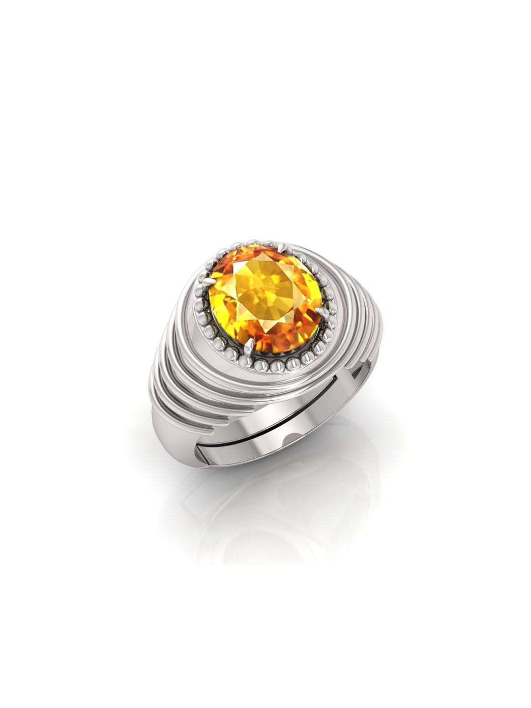 7.25 Ratti Pukhraj Stone Original Certified Yellow Sapphire Gemstone Silver Plated | Adjustable Ring