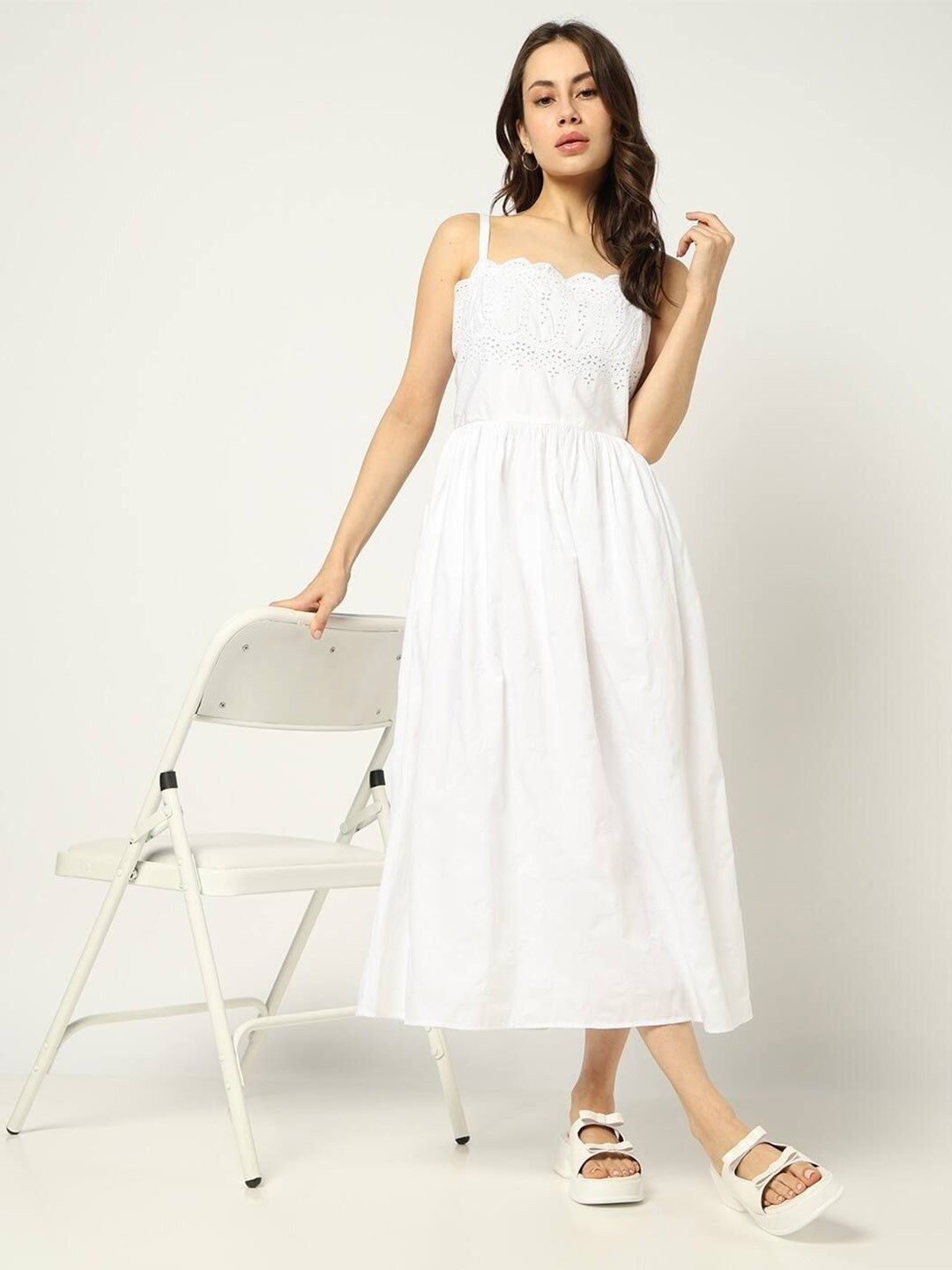 GAP Eyelet Details Women Self Design Embroidered Shoulder Straps Fit & Flare Maxi Dress