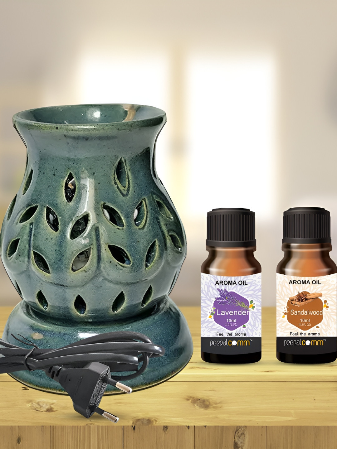 PEEPALCOMM 3Pc Green Ceramic Electric Diffuser With Sandalwood& Lavender Oils - 10ml Each