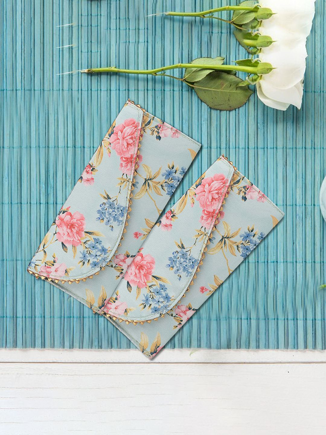 Kuber Industries Set Of 4 Floral Printed Silk Shagun Money Envelopes With Button