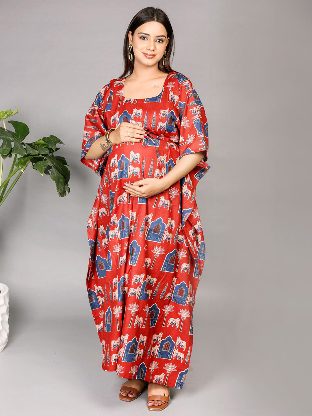 MOTHERHOOD BY SNEHAL Women Ethnic Motifs Print Bell Sleeve Maternity Kaftan Maxi Dress