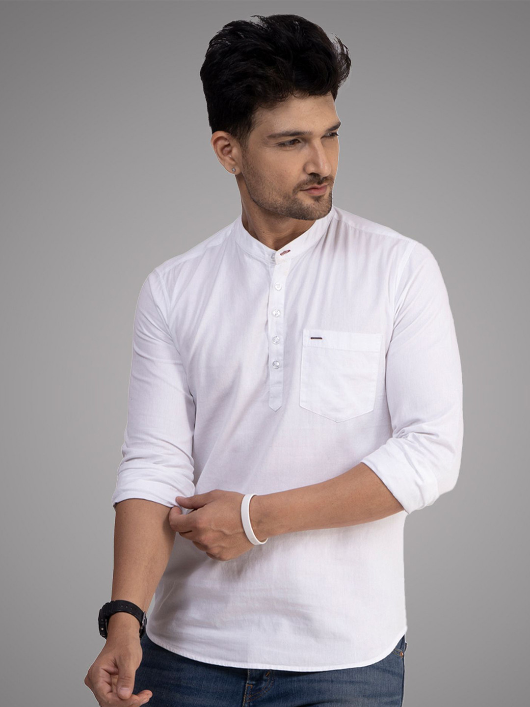 D Finish Band Collar Pure Cotton Short Kurta