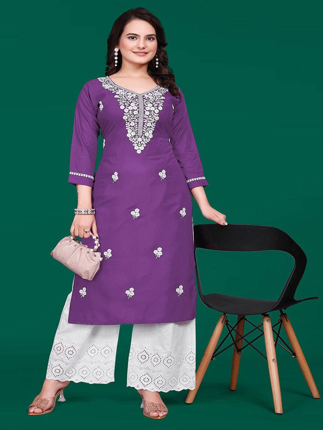 PATBRO Floral Embroidered V-Neck Cotton Straight Kurta