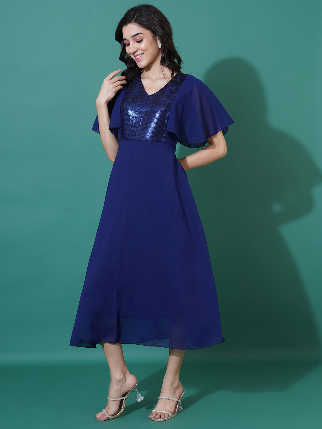 Curvydrobe Puff Sleeve Georgette A-Line Maxi Dress