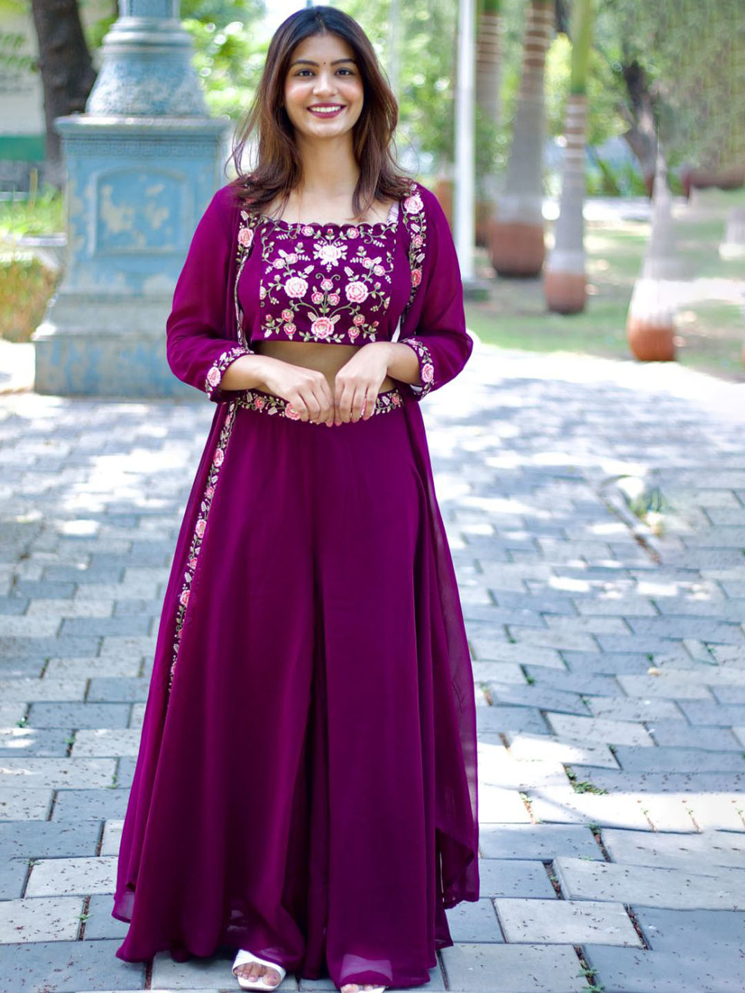 Colors of Earth Floral Embroidered Georgette Square Neck Crop Top With Shrug & Palazzo