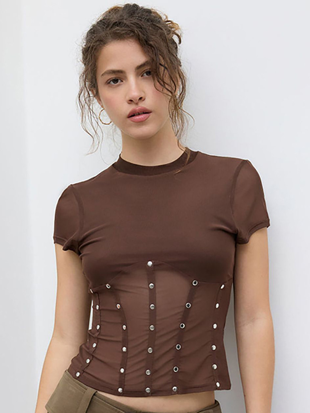bebe Brown Sheer Mesh Short Sleeve Studded Corset Detail Top