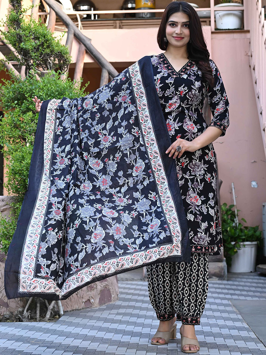 NEKU FASHOIN Floral Printed V-Neck Thread Work Straight Kurta With Harem Pants & Dupatta