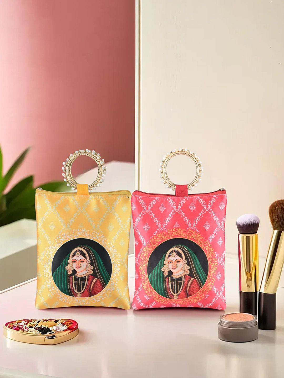 Kuber Industries Set Of 2 Maharani Printed Silk Zip & Handle Clutches