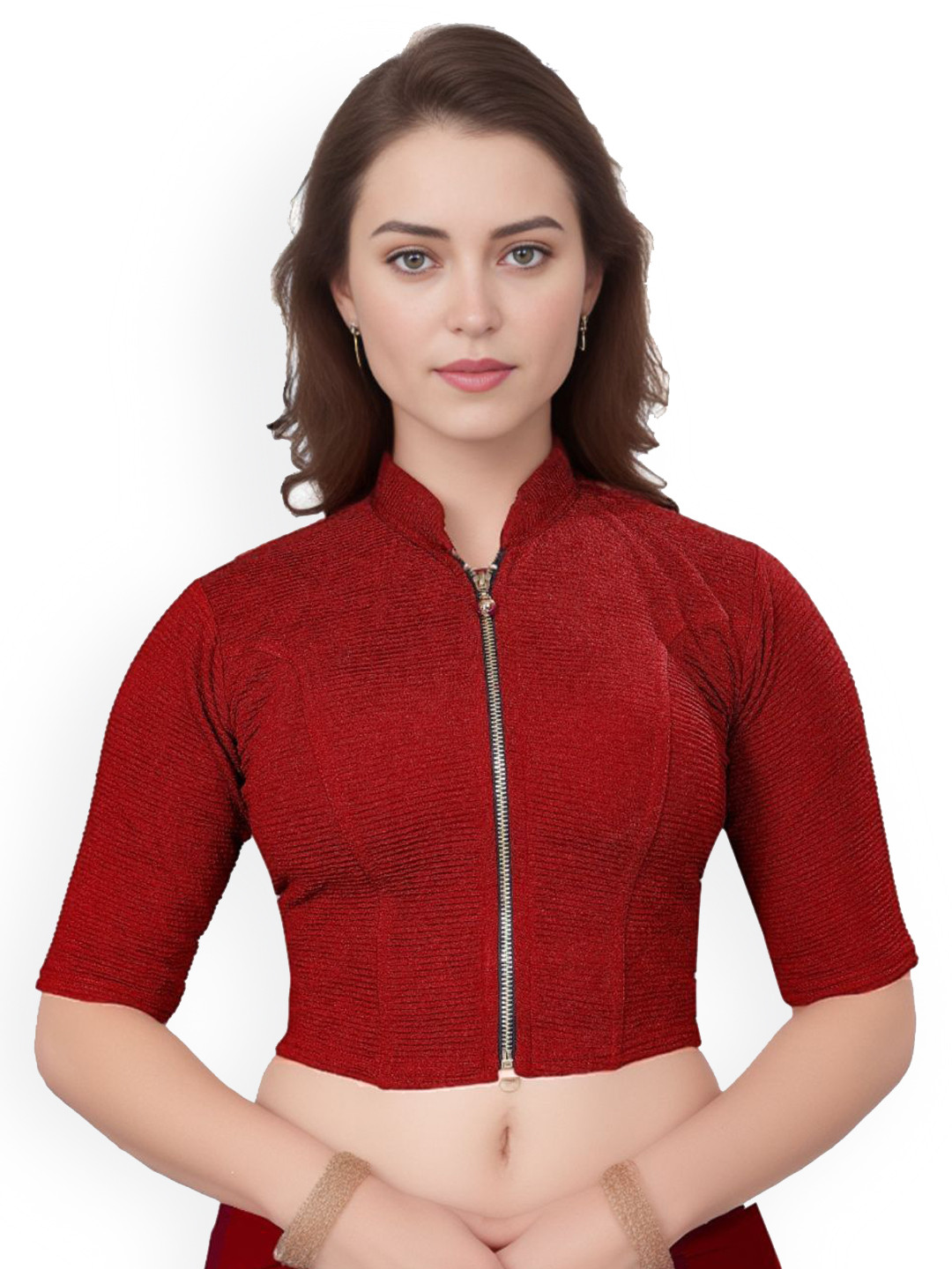 SS Sanket Synthetics Mandarin Collar Full Zipper Saree Blouse