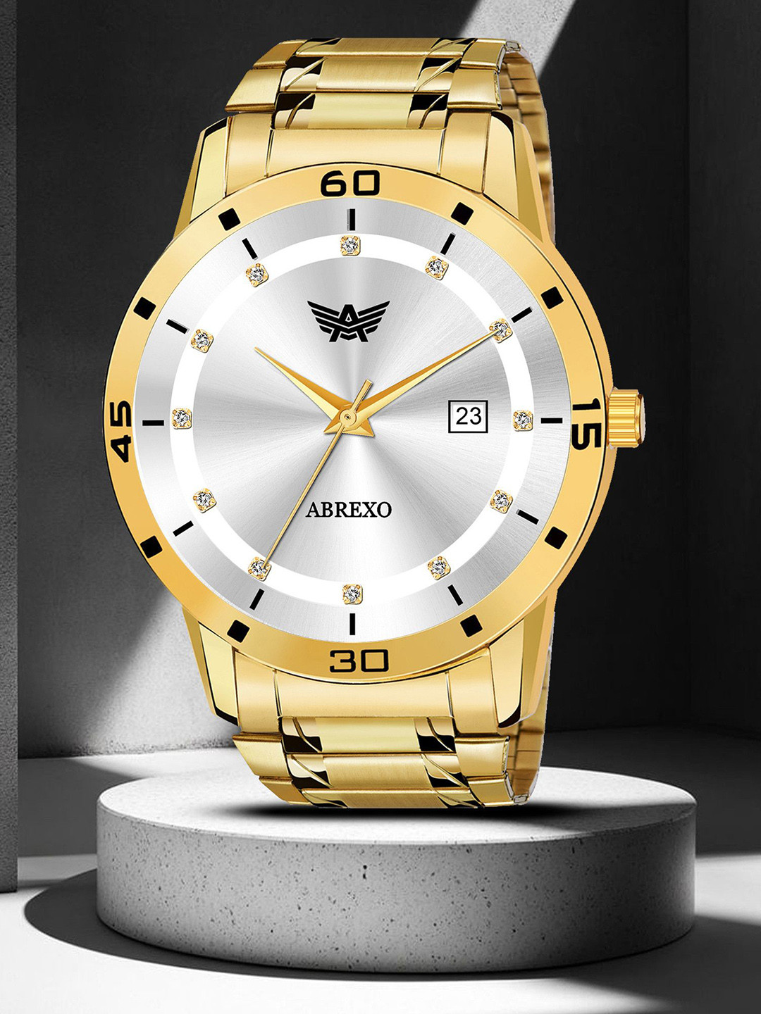 Abrexo Men Round Dial & Bracelet Style Analogue Watch Abx1325-Silver Gold Date Working