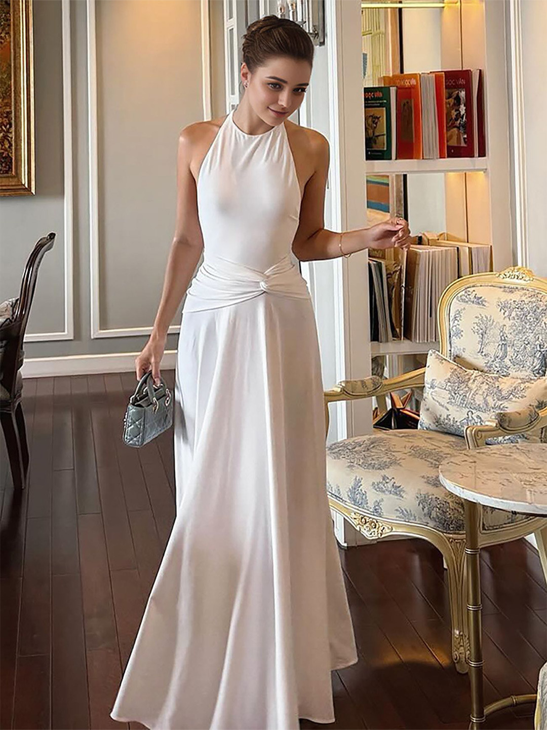 bebe White Halter Neck Knotted Waist Detail Maxi Dress