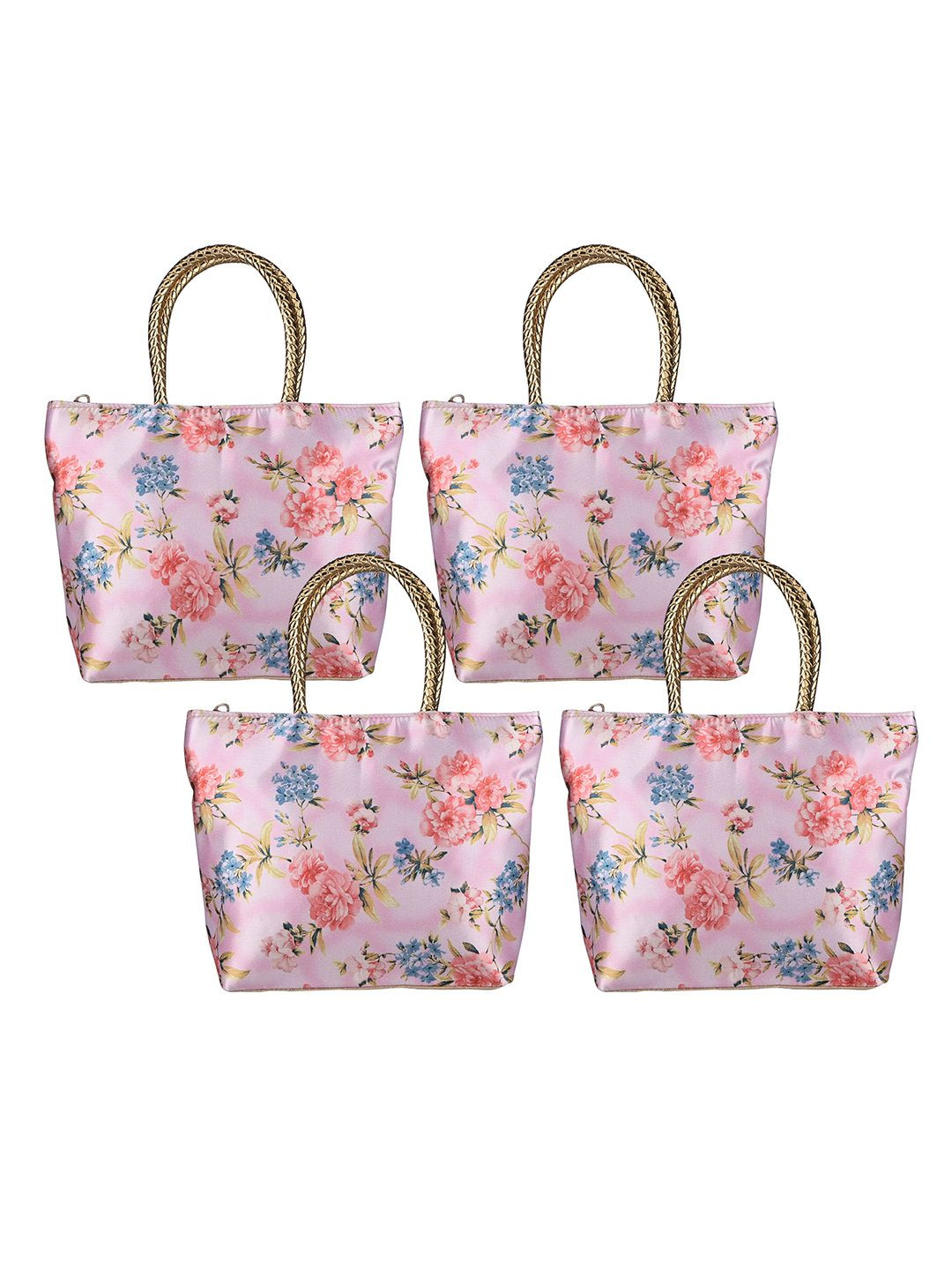 Kuber Industries 4-Pcs Floral Printed Silk Handle & 1 Outer Zip Pocket Small Handbags