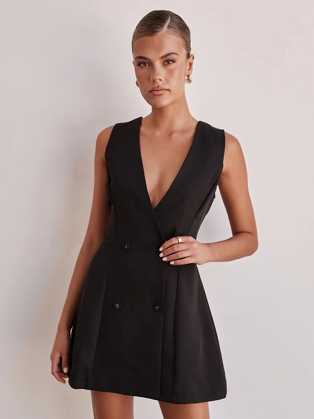 bebe Black Sleeveless V-neck Double-Breasted Buttons Fit & Flare Mini Dress