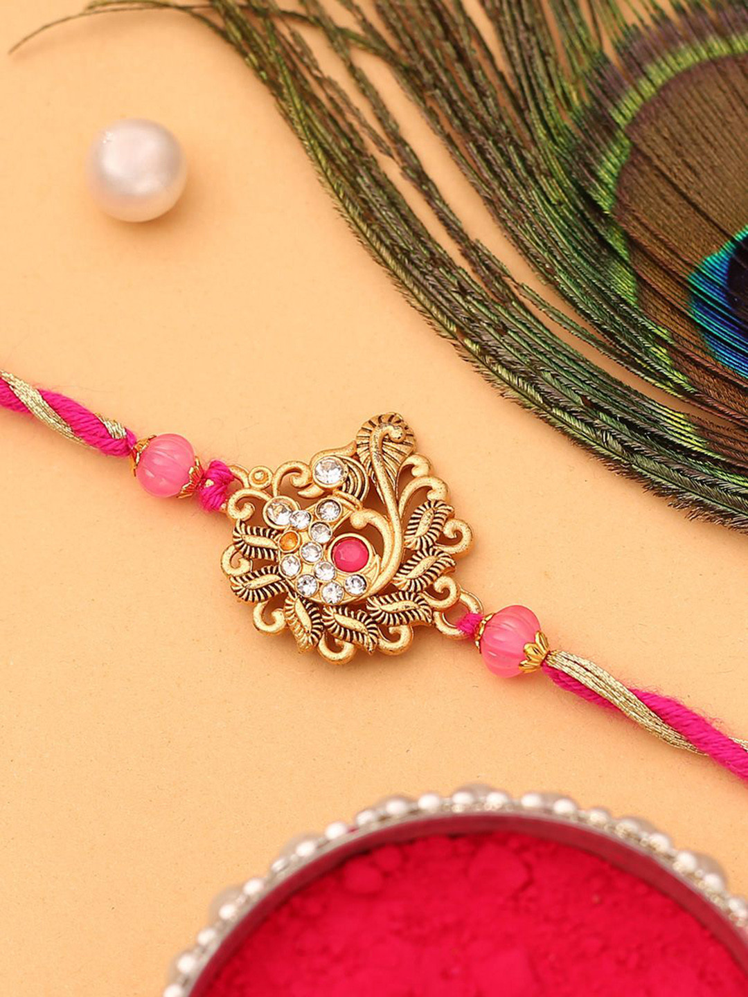 The Purple Tree Artificial Stones Studded & Beaded Peacock Thread Rakhi With Roli Chawal