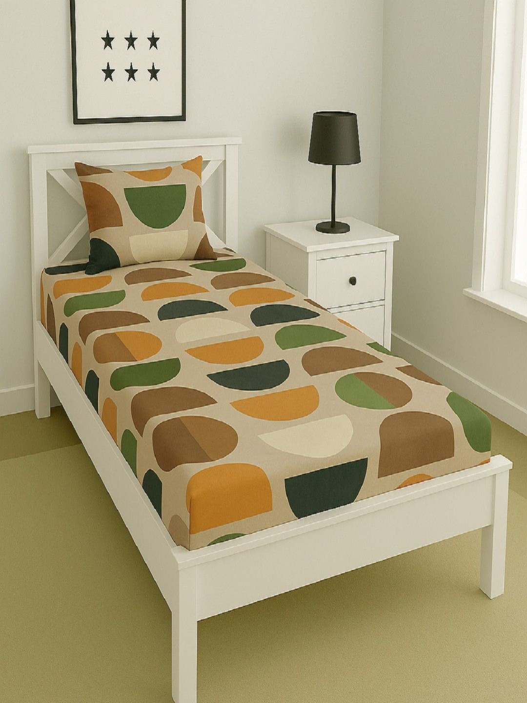 Aura Orange & Beige Geometric Printed 144TC Microfiber Single Bedsheet Set 1.52 m x 2.28 m
