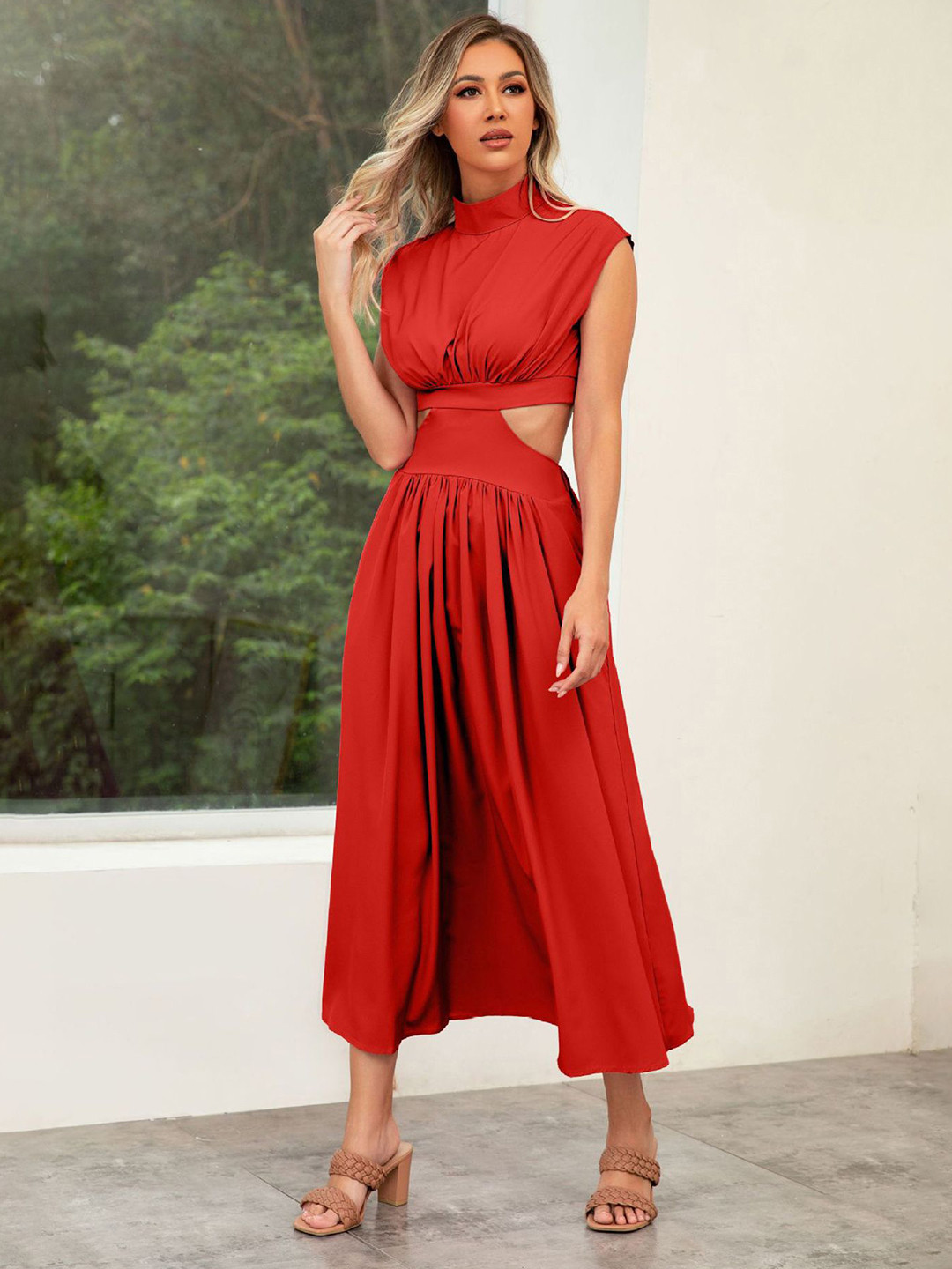 bebe Women High Neck Cut-Outs Fit & Flare Midi Dress
