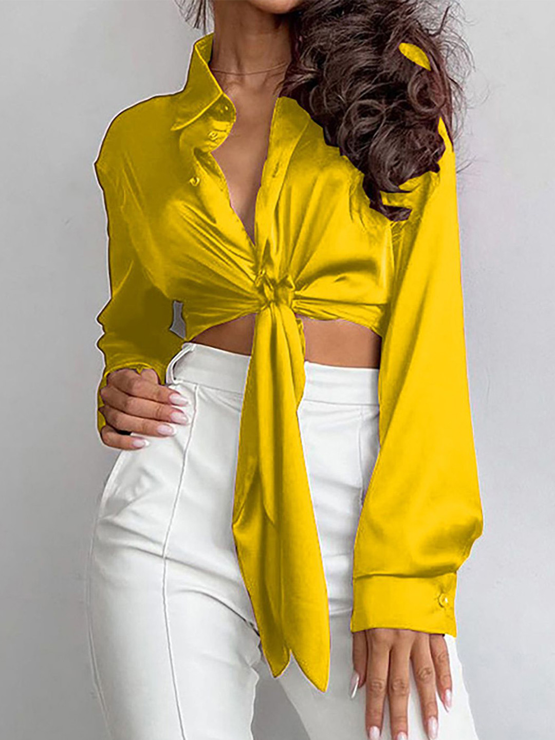bebe Yellow Tie-Front Full Sleeve Shirt Style Crop Top
