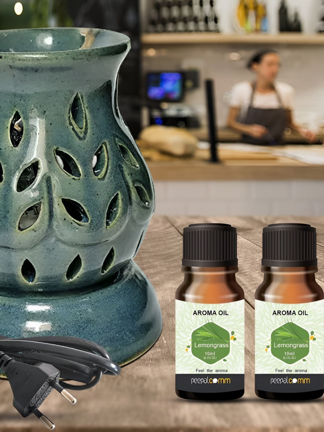 PEEPALCOMM 3Pcs Green Ceramic Electric Diffuser With Lemongrass Oils - 10 ml Each