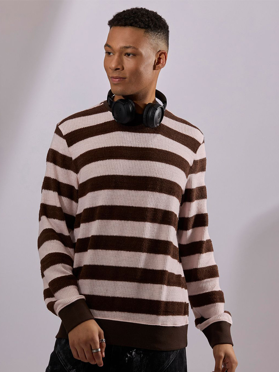 Espanshe Men Swyft Striped Crew Neck Sweate Dark Brown