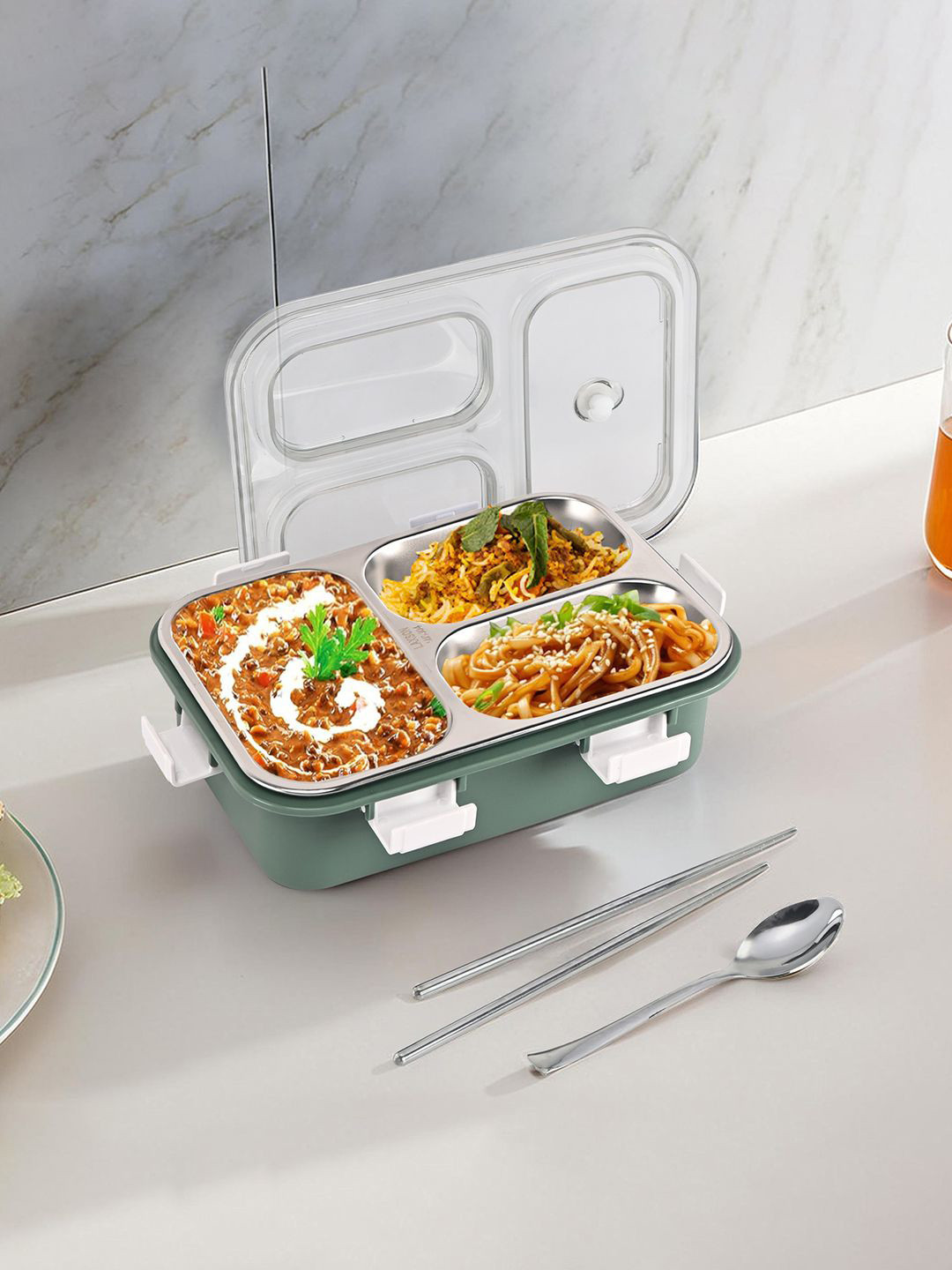 Kuber Industries Green & Steel 3 Compartment Lunch Box 750ml With Spoon & Chopsticks