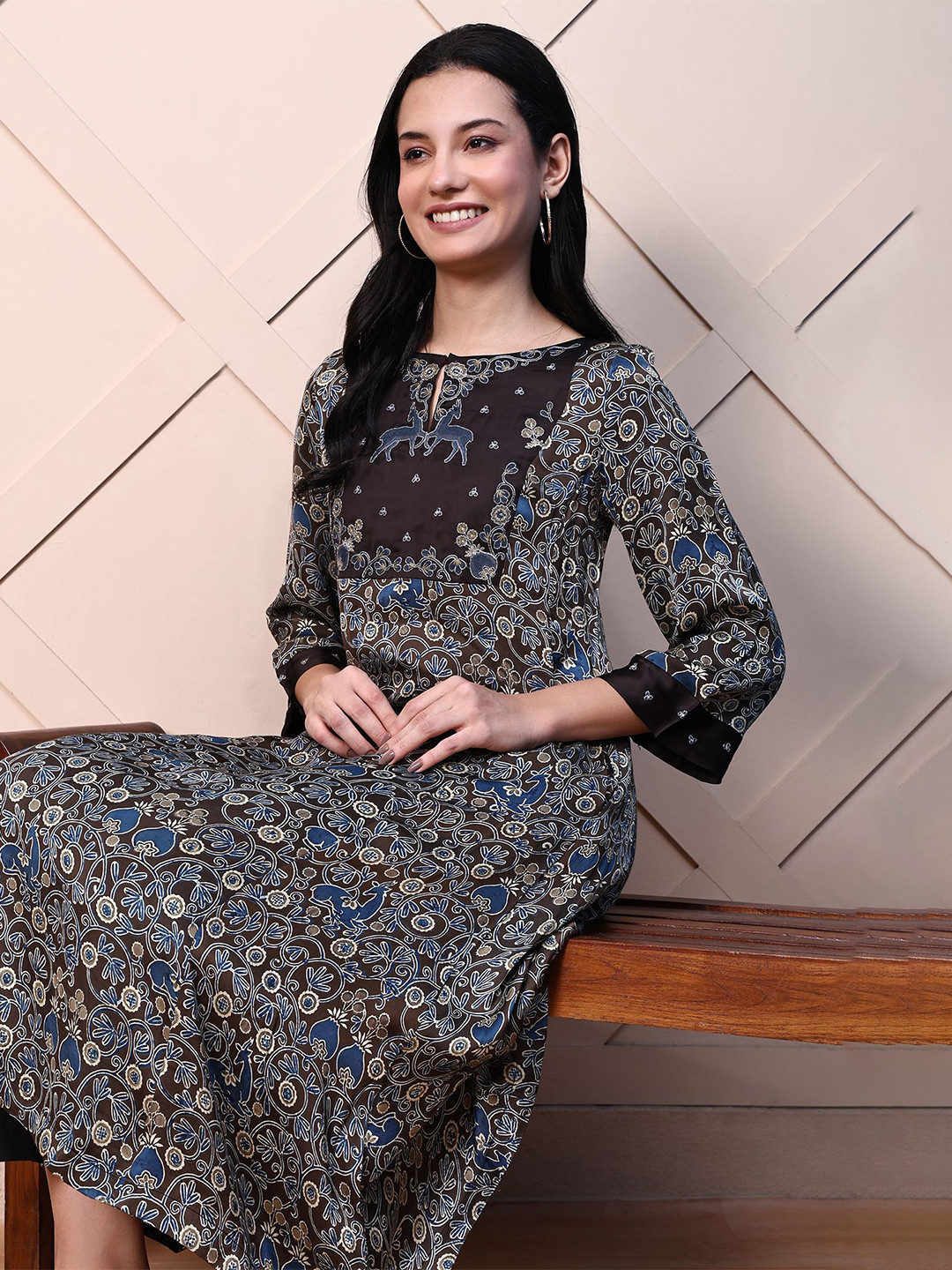 Folk Song Ajrak Printed Round Neck A-Line Kurta