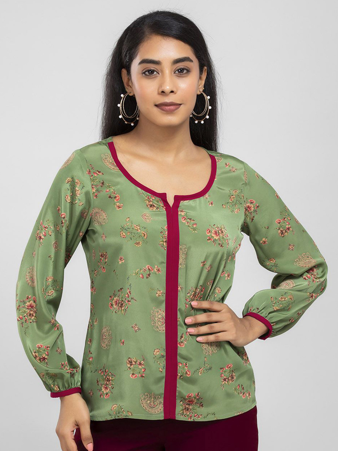 D'Almirah Women Floral Print Round Neck Puff Sleeve Satin Regular Top