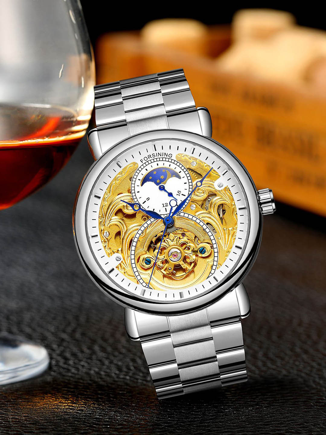 FORSINING Men Automatic Moon Phase Tourbillon Watch with Stainless Steel Strap