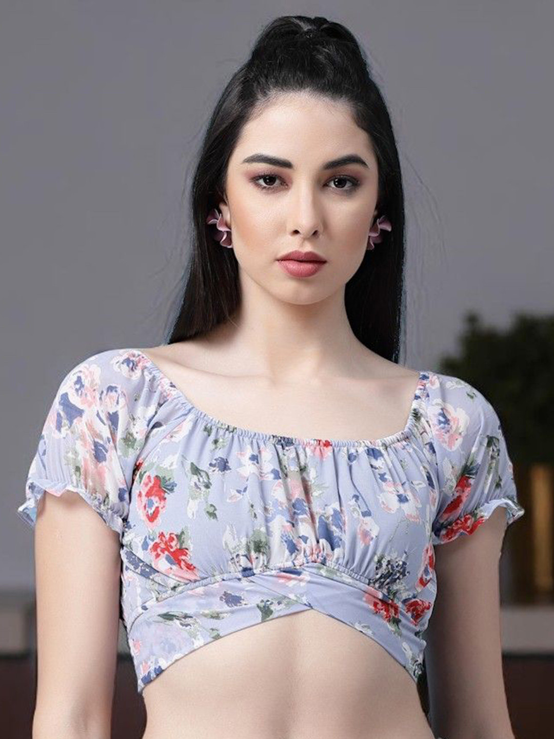 OOMPH! FACTOR Floral Printed Puff Sleeve Bralette Crop Top
