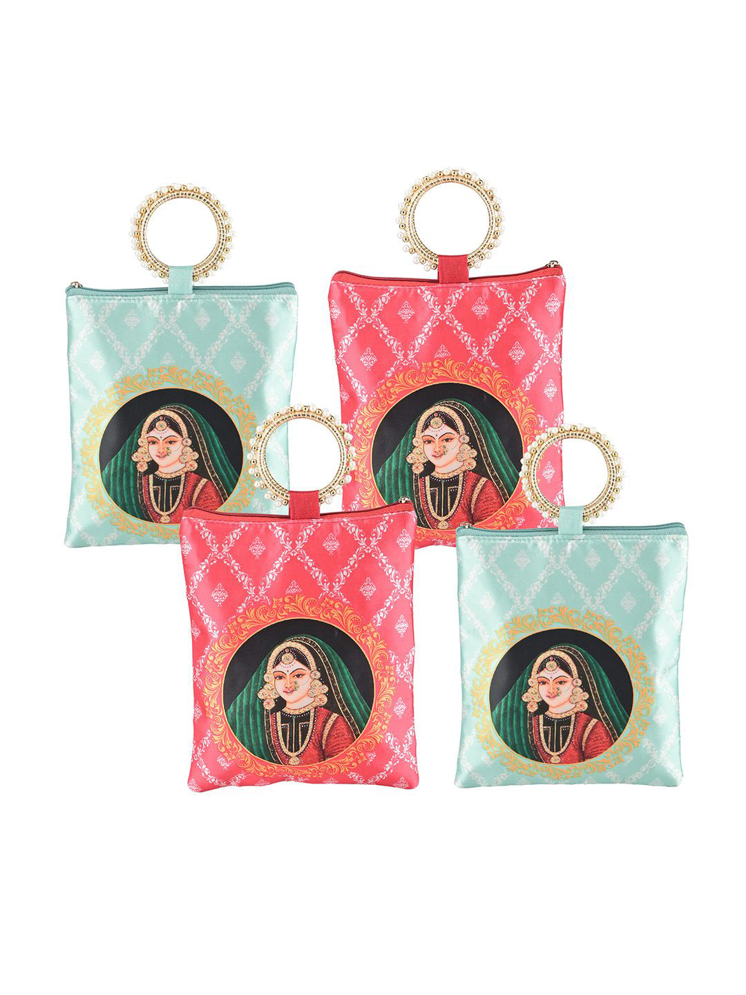 Kuber Industries Set of 4 Maharani Printed Silk Pearls Beaded Handle Purse Clutches