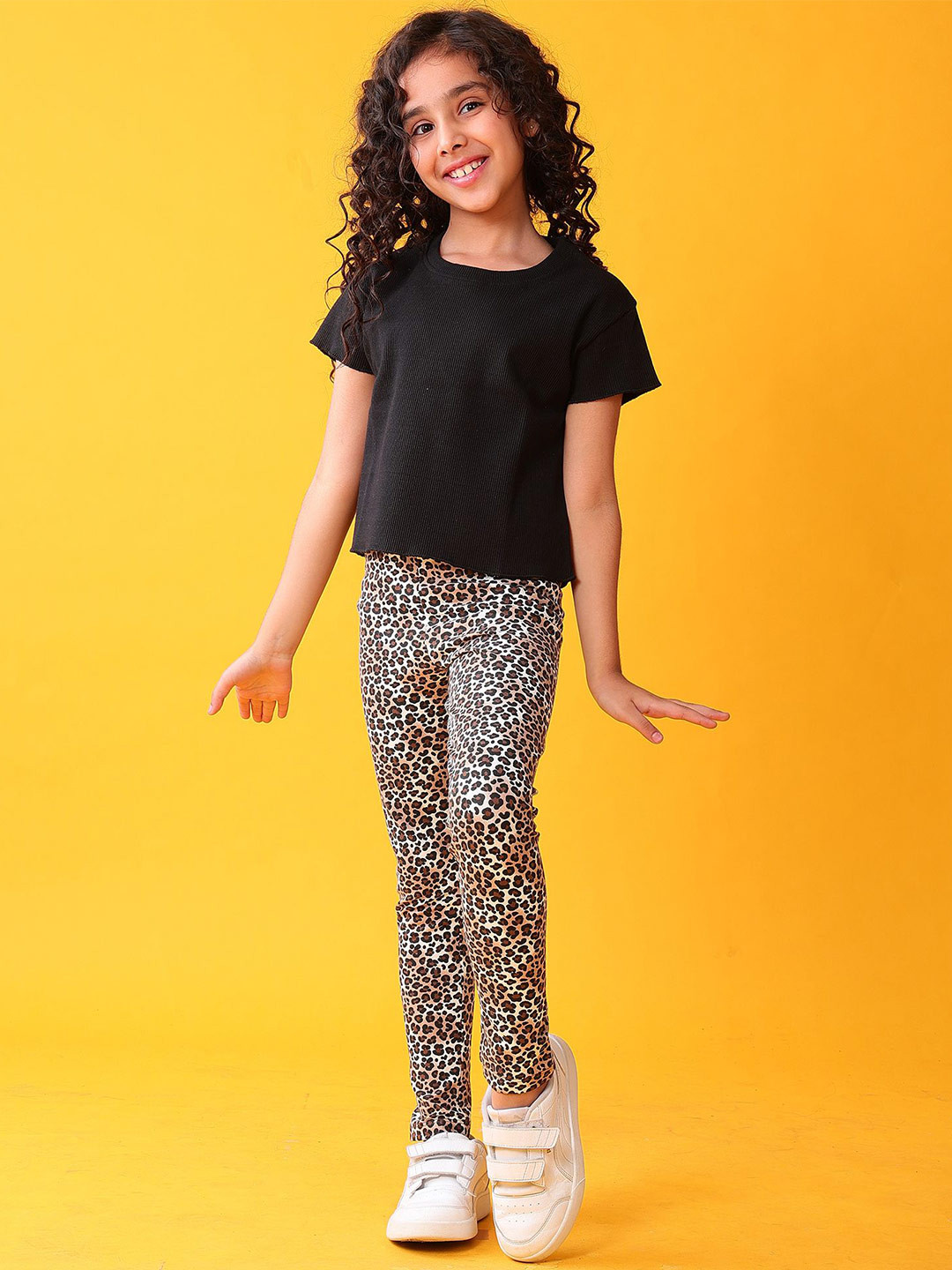 Anthrilo Girls Ribbed Round Neck T-Shirt With Leopard Printed Leggings Clothing Set