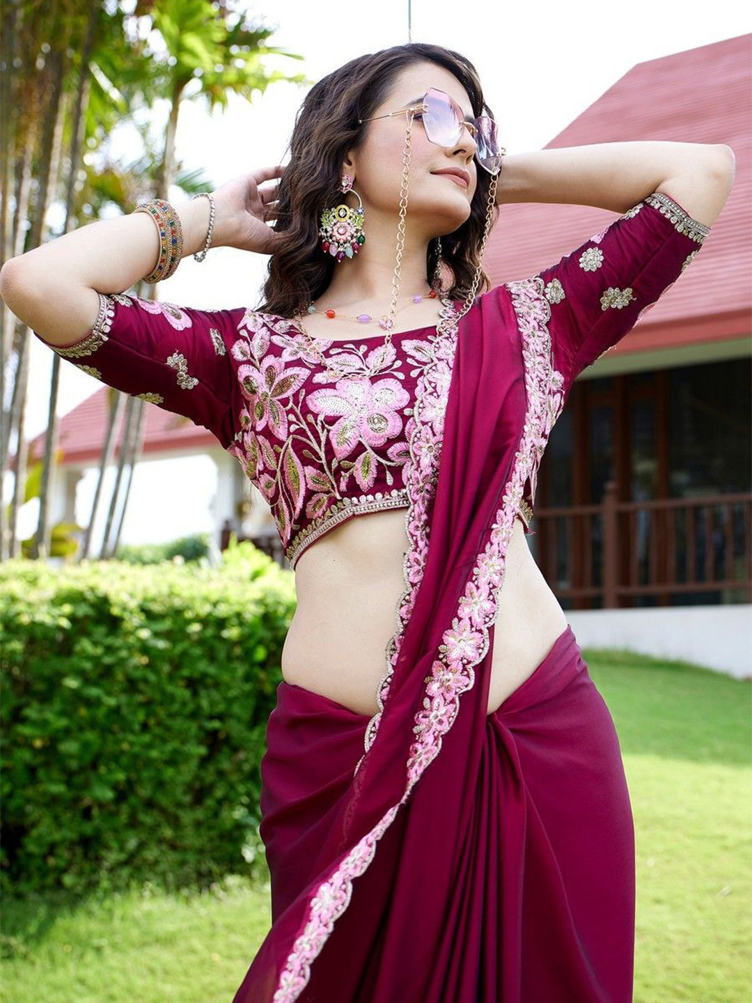 K 5 Fashion Solid Sequinned Embroidered Border Chiffon Saree with Embroidered Blouse Piece