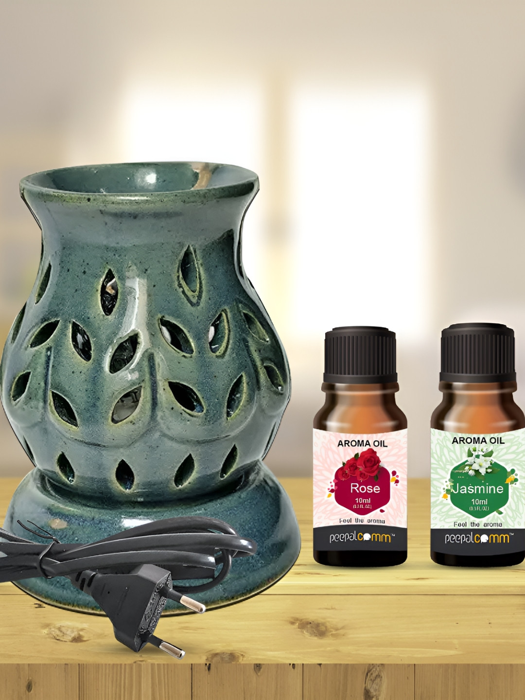 PEEPALCOMM 3Pcs Green Ceramic Electric Diffuser With Rose & Jasmine Oils - 10 ml Each
