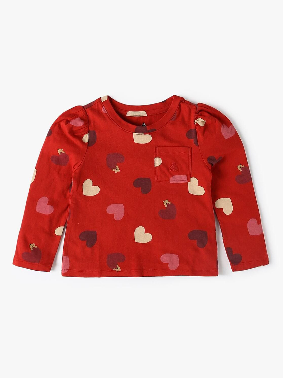 GAP Girls Heart Printed Puff Sleeves Top With Patch Pocket