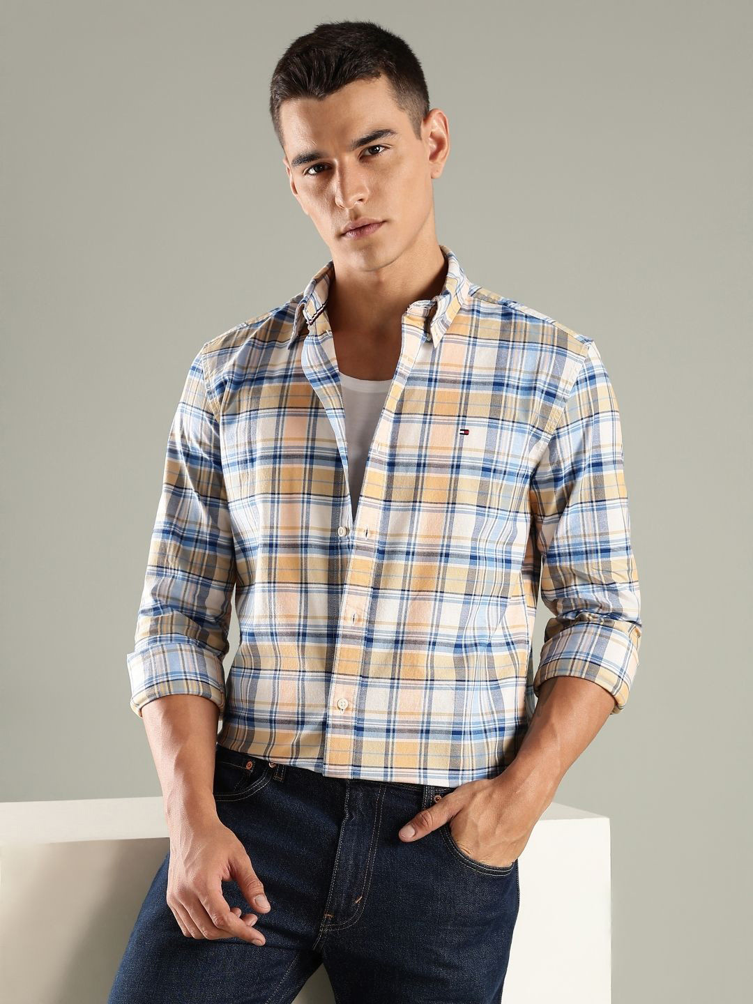 Tommy Hilfiger Spread Collar Checked Pure Cotton Regular Fit Oxford Shirt