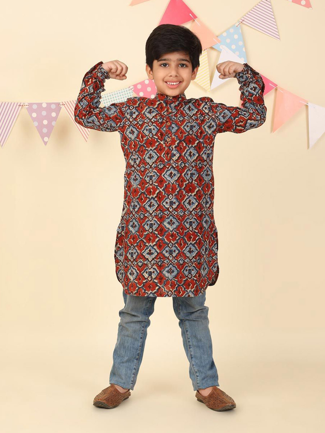 Fabindia Boys Ethnic Motifs Printed Hand Block Mandarin Collar Straight Kurta