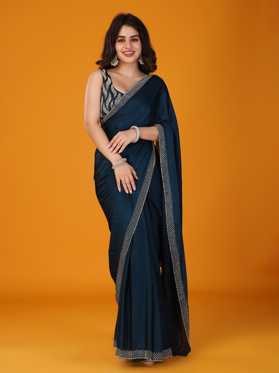 KIYAA FASHION Stonework Embellished Beads Border Satin Saree With Unstitched Blouse