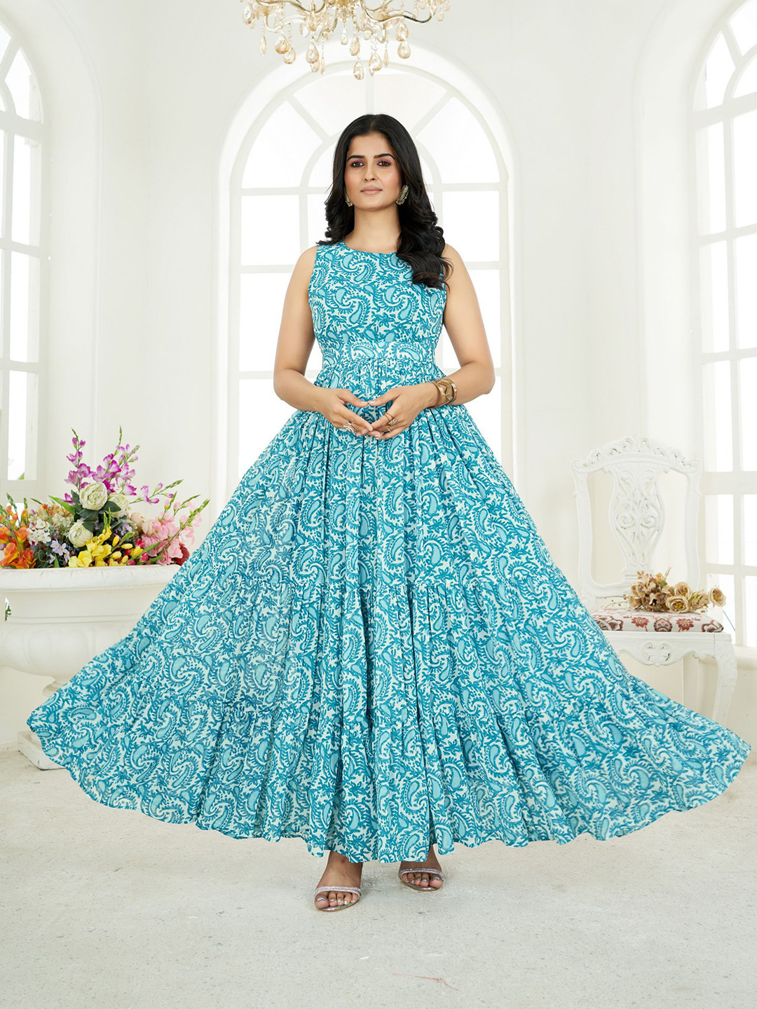 Turquoise Paisley Ethnic Motif Maxi Dress