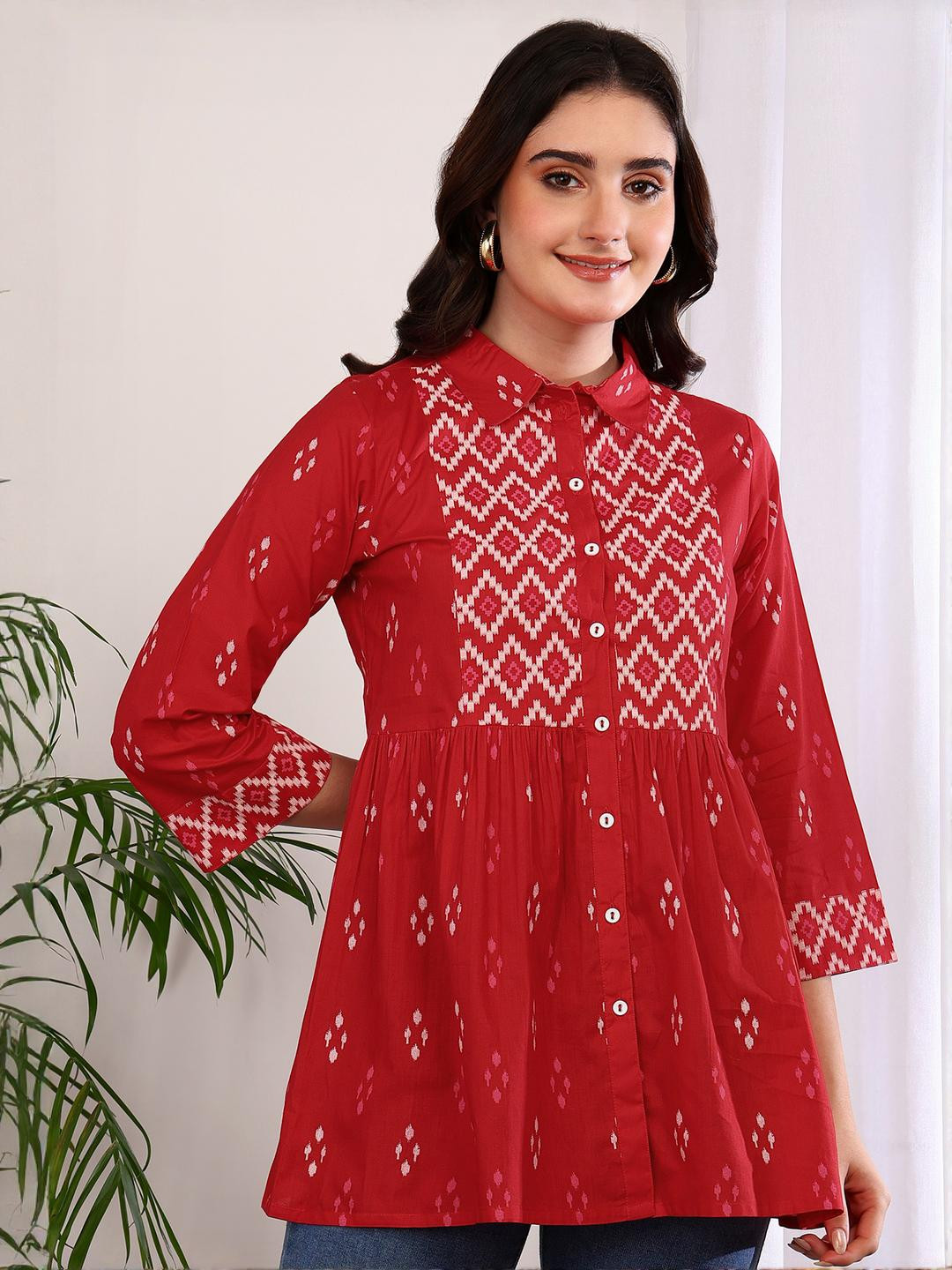 YASH GALLERY Geometric Print Cotton Empire Top