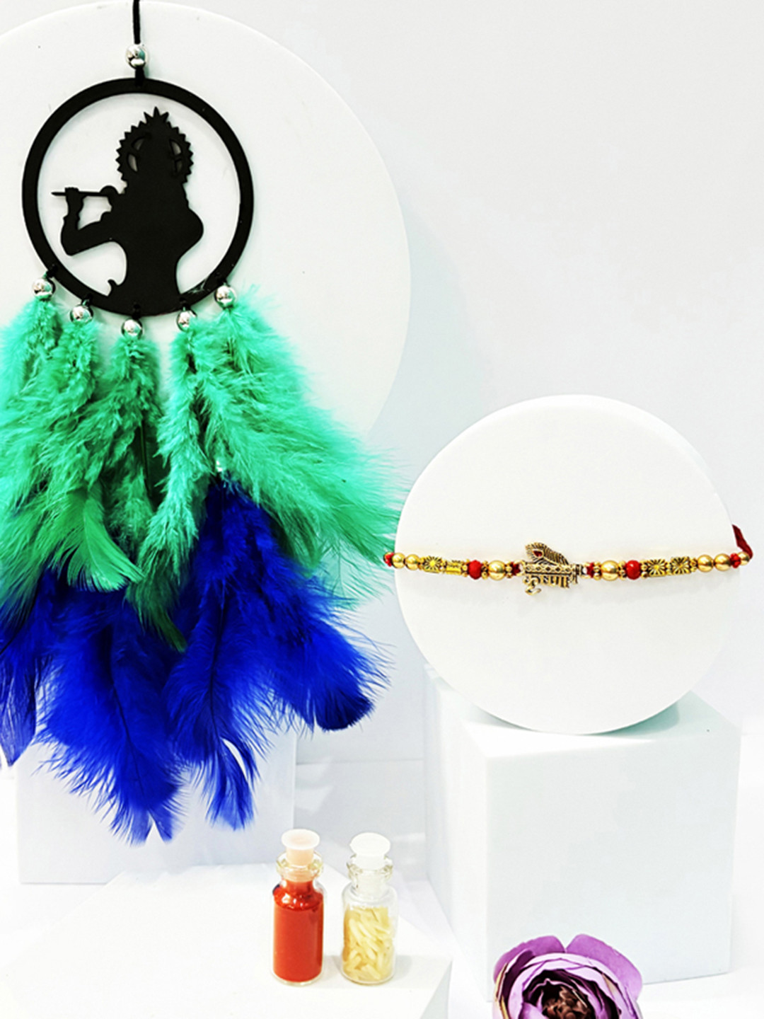 COLOR SPLASH Rakhi With Krishna Dream Catcher & Roli Chawal Gift Set