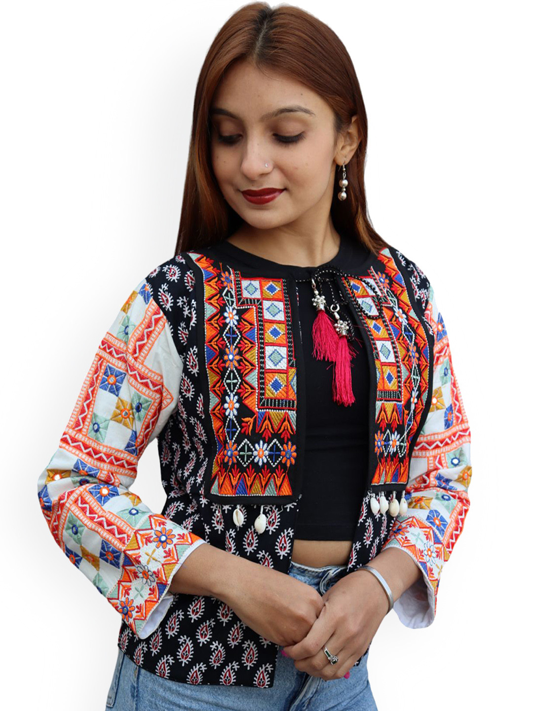 Prijam Women Embroidered Open Front Cotton Jacket