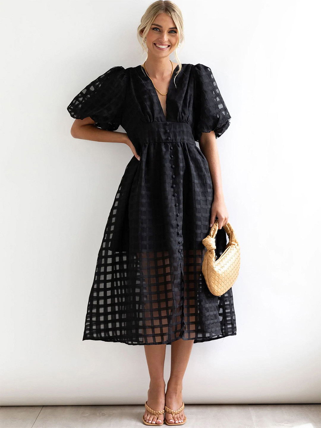 bebe Checked Design Puff Sleeve Semi Sheer Fit & Flare Midi Dress