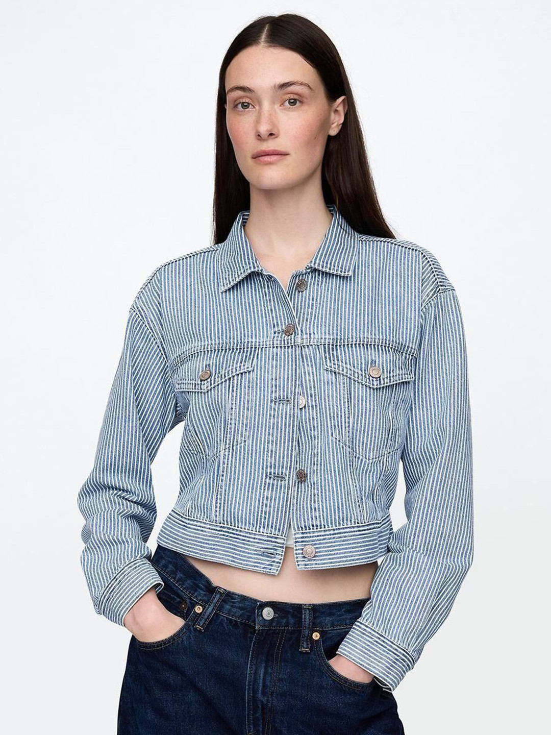 GAP Women Striped Slim-Fit Crop Denim Jacket