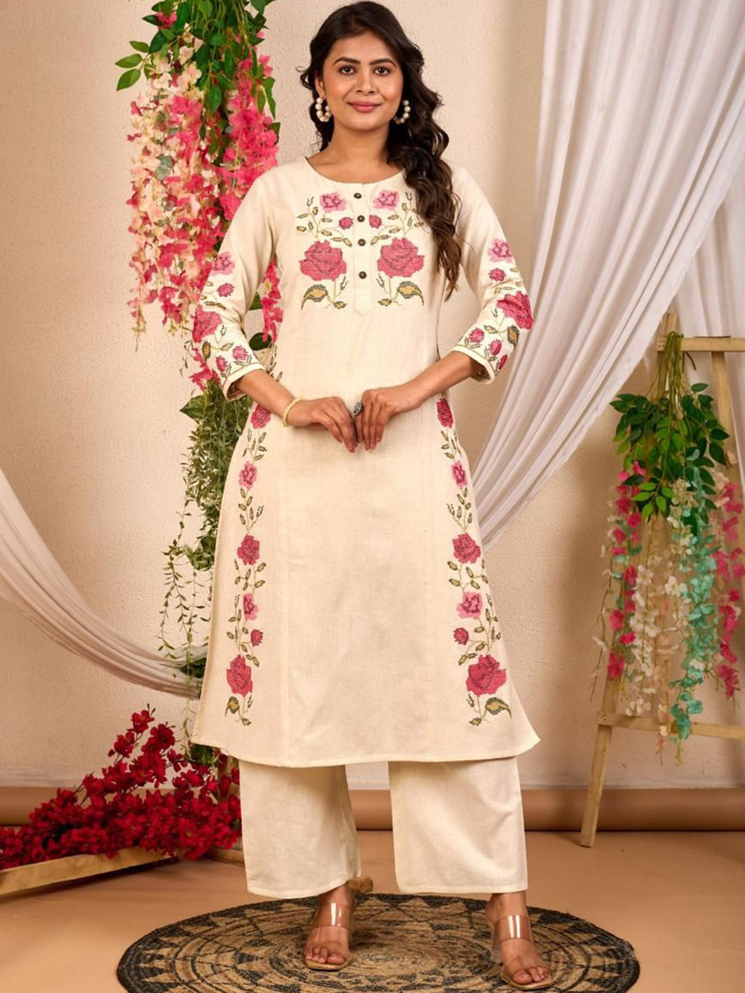 AUTUMN LANE Rajhans Angel  Floral Embroidered Thread Work Pure Cotton Kurta With Trousers