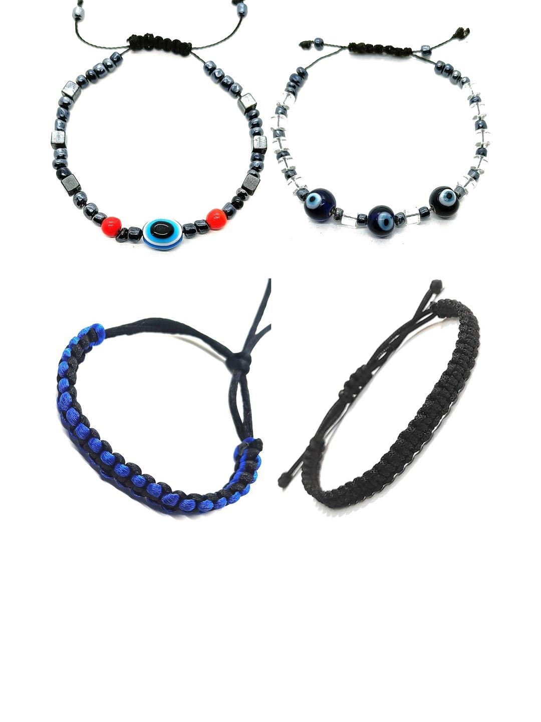 Dynamic Retail Global Women Pack Of 4 Black With Evil Eye Beaded Drawstring Bracelets