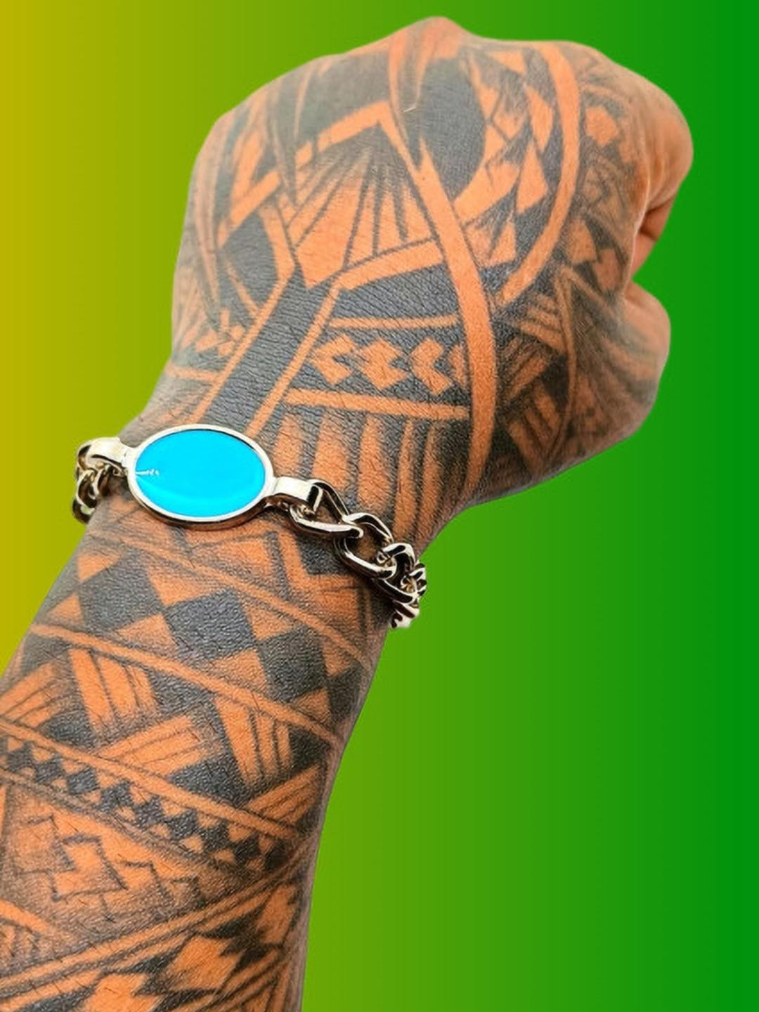 Dynamic Retail Global Men Stainless Steel Turquoise Stone Beaded Silver-Plated Bracelet